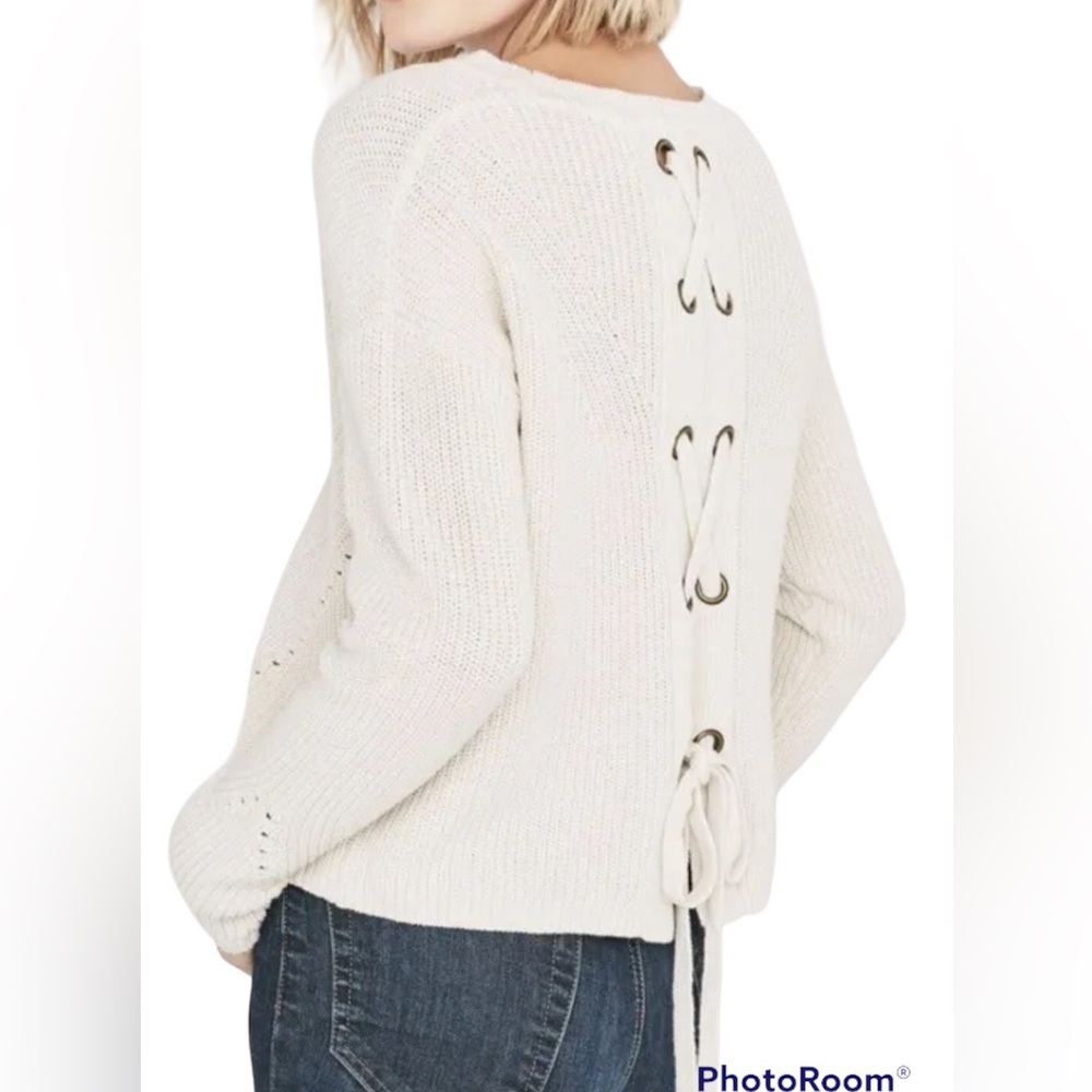 LUCKY BRAND s.S Back Lace Pullover Sweater 100% Cotton Knit Cream